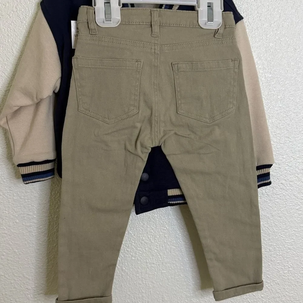 Prince- Navy and Beige Striped Collar Jacket pant set- 2T